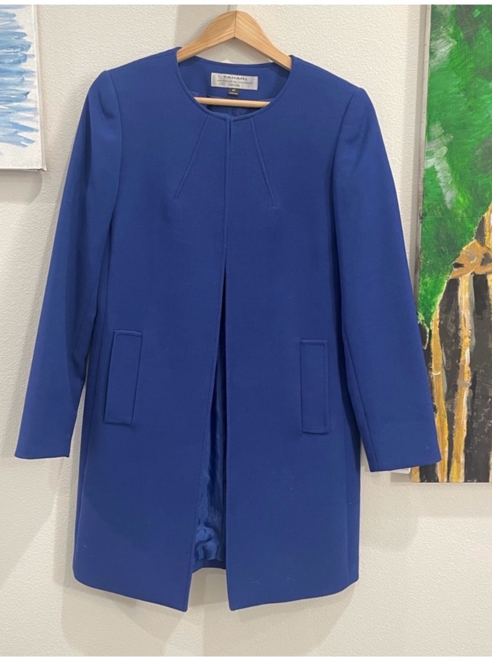 Tahari Arthur S. Levine Blue Lined Pocket Overcoat Mid-Length Hook & Eye 4P